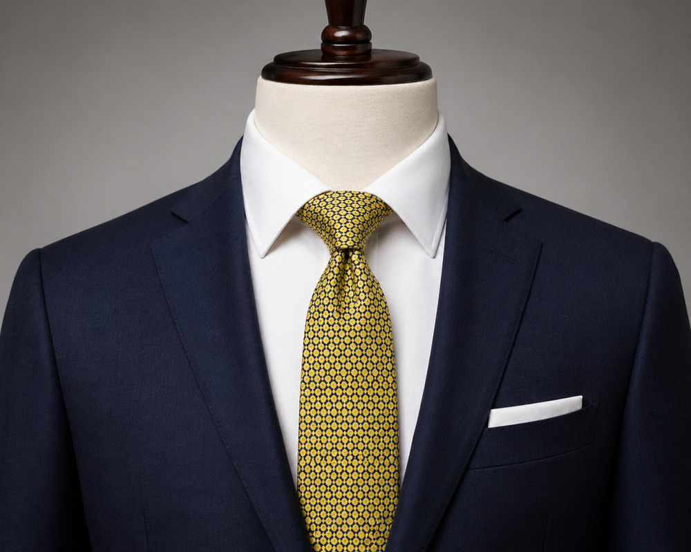 Lands’ End Men’s Silk Tie – Yellow & Navy Geometric Diamond Pattern – 57”